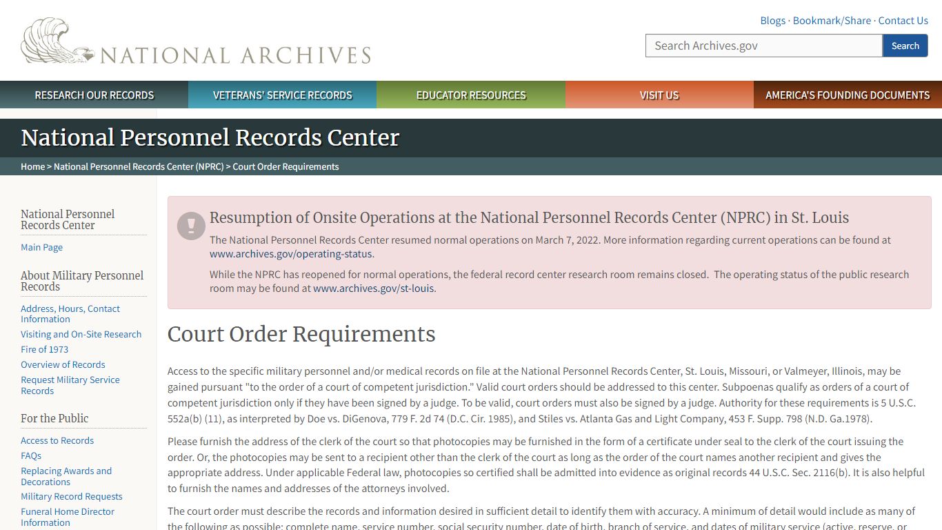 Court Order Requirements | National Archives